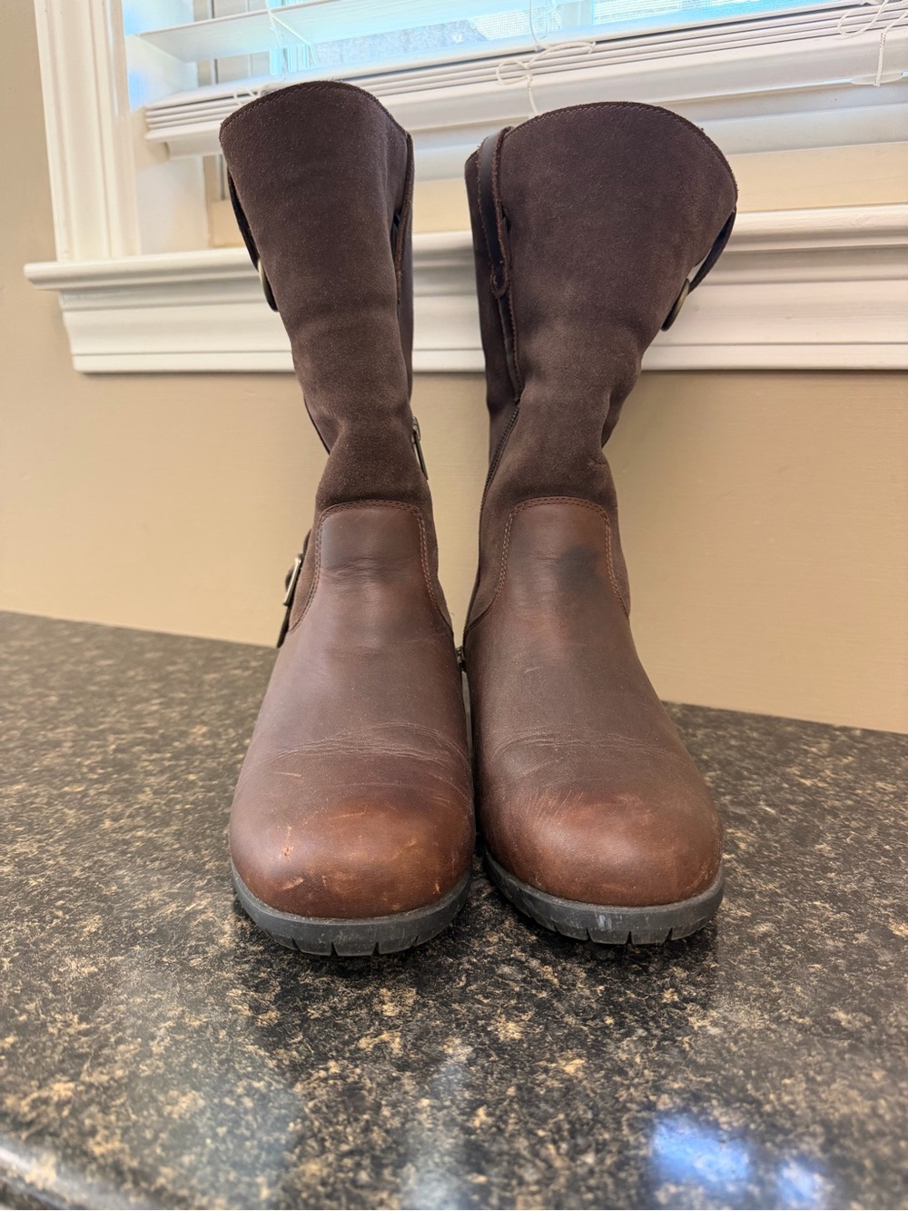 UGG Brown Leather and Suede Mid-Calf Heeled Boots